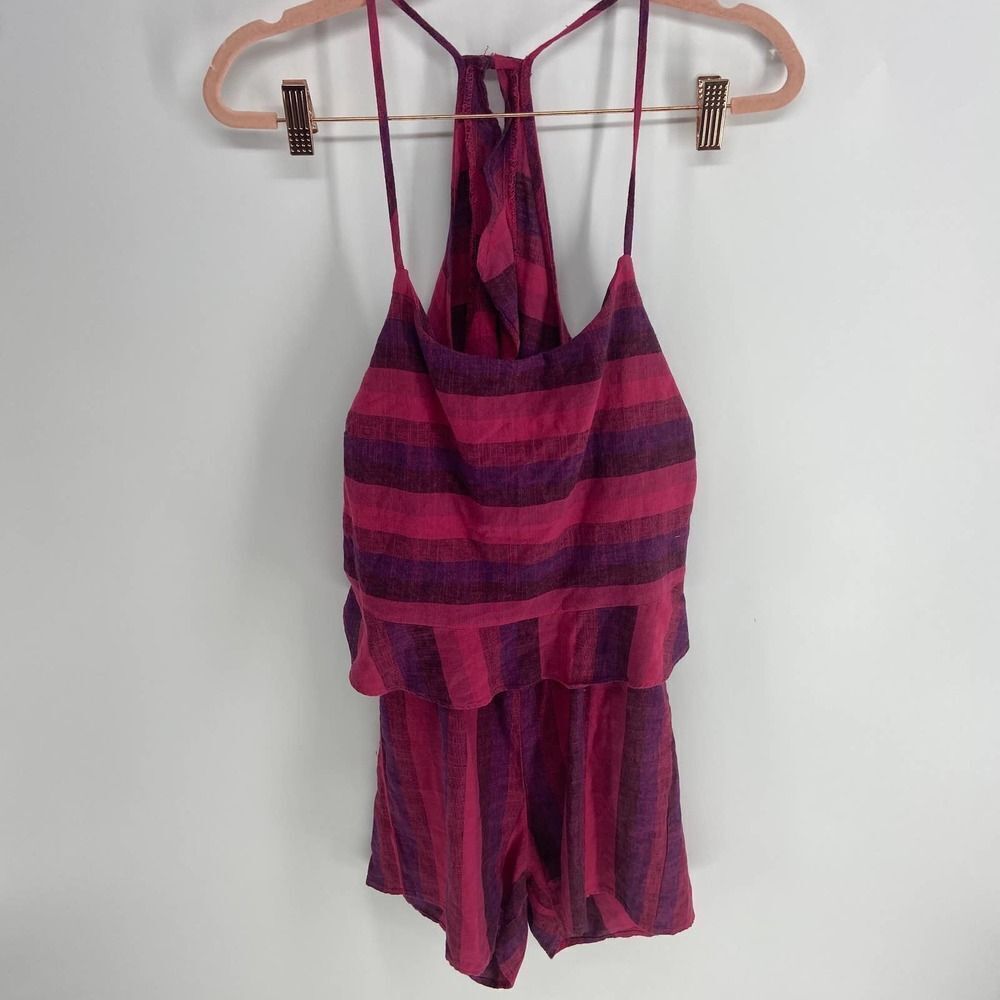 Anthropologie Amadi purple pink striped open back short romper women xs NWT